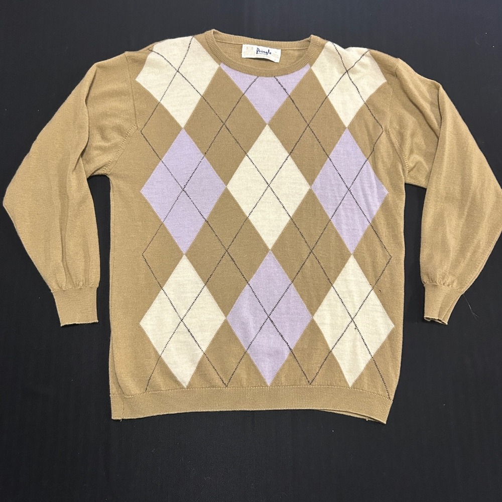 Pringle of Scotland Vintage Argyle Lambswool Sweater Tan Purple Mens Medium